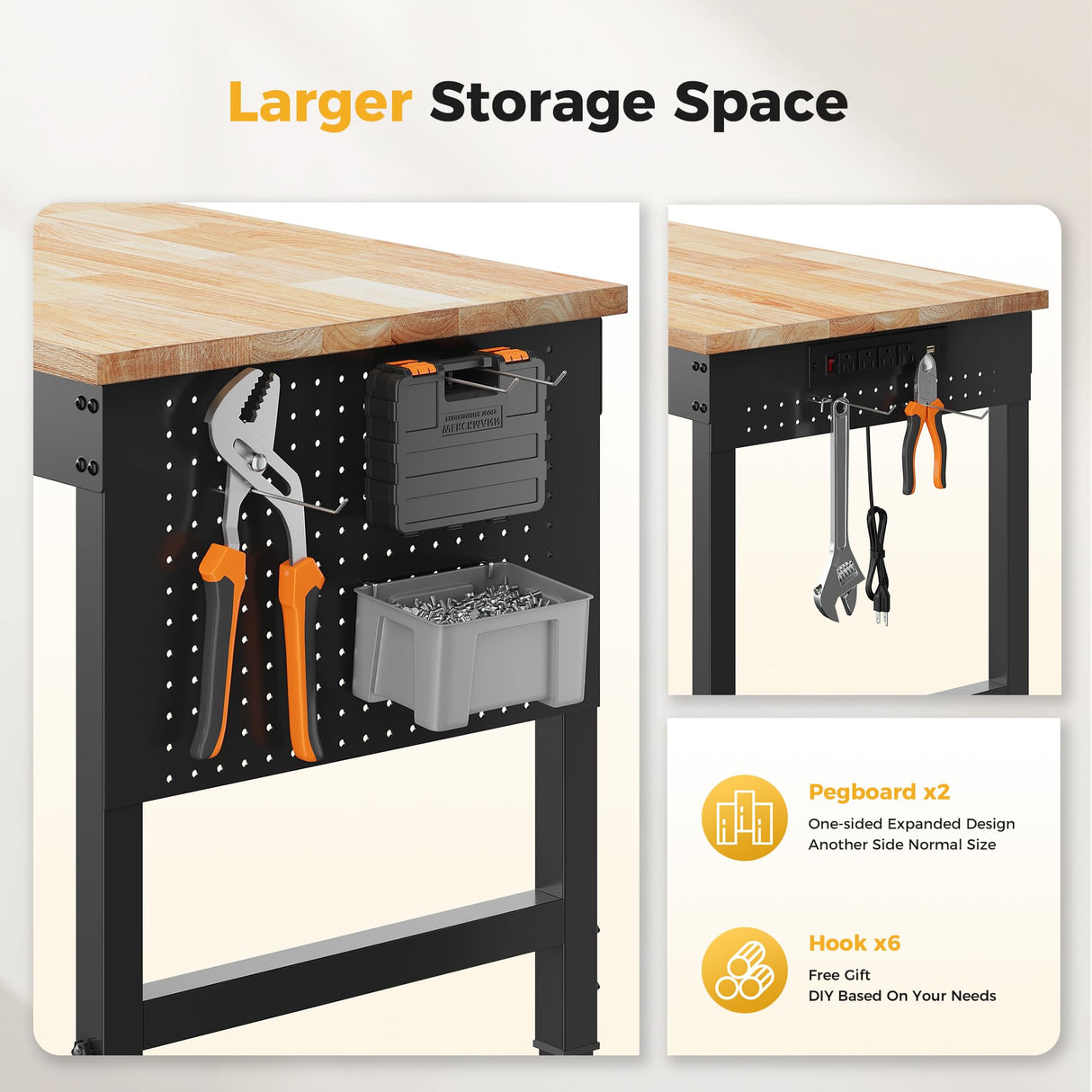CAMMOO 60" Adjustable Heavy Duty Workbench, 2000 LBS Load Capacity Rubber Wood Work Table with Pegboard, Power Outlets, Work Bench for Garage, Workshop, Office, Home, Commercial CAMMOO