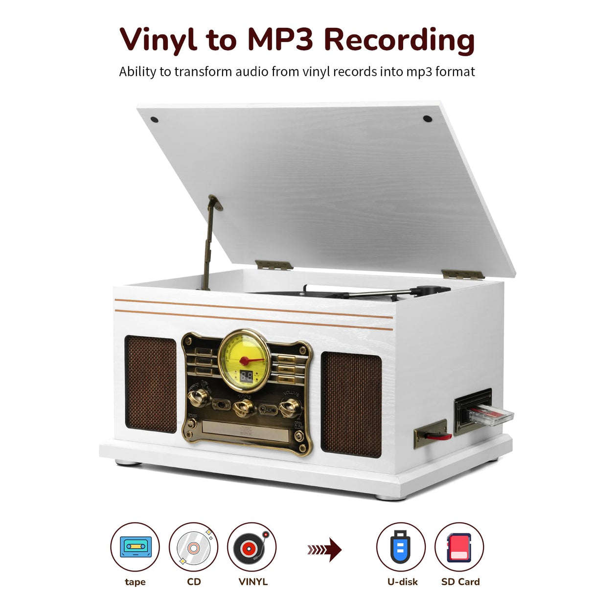 FEKTIK Bluetooth Record Player 10 in 1,FEKTIK 3-Speed Turntable for Vinyl with Speakers, LP to MP3 Converter, CD, Cassette Player, FM Radio, Wireless Streaming | White FEKTIK