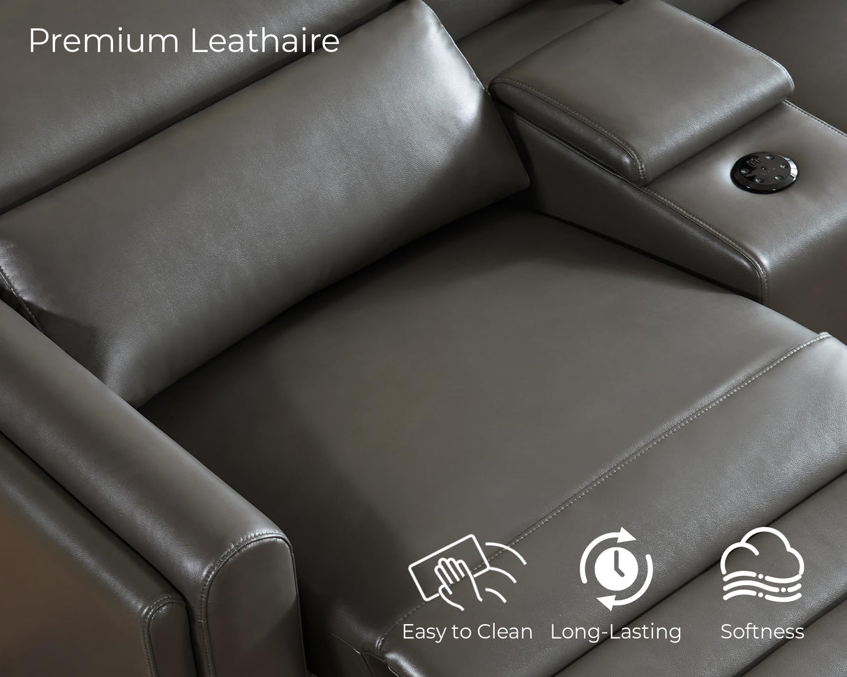 Jocisland Dual Power Recliner, Oversized 5-Seater Sofa with Console, 3 Bluetooth Speakers & Hidden Storage, Modern L Shaped Reclining Couch with 6 Charging Ports - Dark Gray Leathaire Jocisland