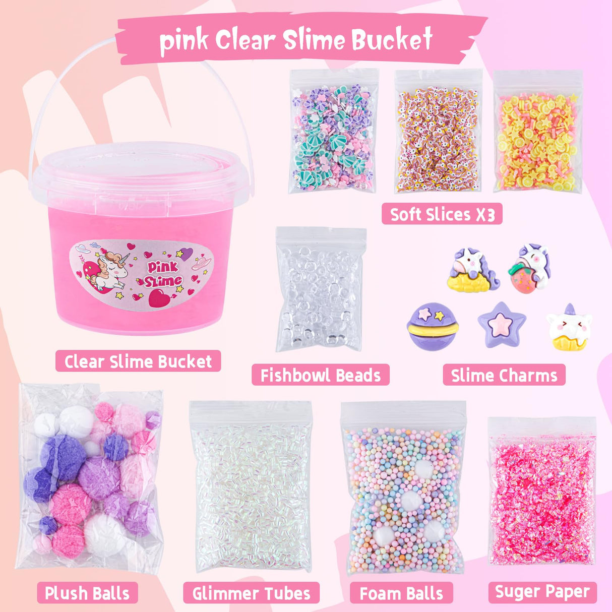 10 FL OZ Unicorn Slime Kit, Pink Clear Slime Bucket, Slimes Party Favors for Kids, Glimmer Crunchy Slimes Includes 9 Packs of Add-ins, Sensory Experience DIY Toys for Girls and Boys Ages 8-12 Okaybee