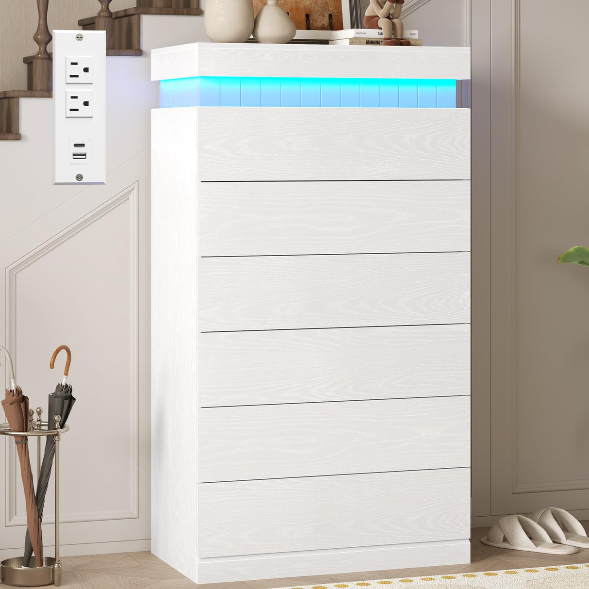 UPOSOJA Tall White Dresser for Bedroom, Modern 6 Wood Drawers with LED Light and Power Outlet, Floating Dressers for Closet, Large Chest of Drawer for Living Room, Hallway, Entryway (6 Drawers,White) UPOSOJA
