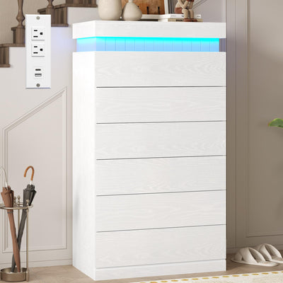 UPOSOJA Tall White Dresser for Bedroom, Modern 6 Wood Drawers with LED Light and Power Outlet, Floating Dressers for Closet, Large Chest of Drawer for Living Room, Hallway, Entryway (6 Drawers,White)