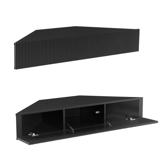 24/7 Shop at Home French 47 inch Modern Floating TV Console Table with 3D Wavy Panel Door, Wood Entertainment Center with Storage Space, Wall Corner Shelf for Living Room, Bedroom, Office, Black Pure