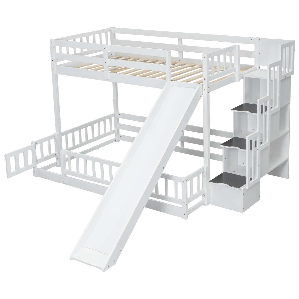 RuiSiSi Twin Over Full Bunk Bed with Stairs, Wooden Floor Bunk Bed with Slide and Bookcase for Kids Teens Adults, Noise Free, Easy Assembly, White RuiSiSi