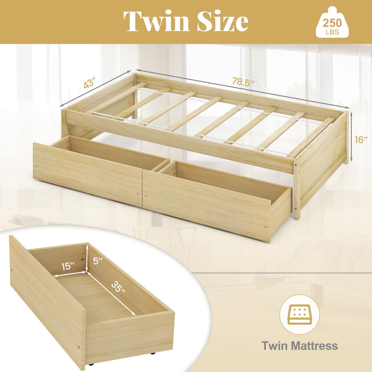 Giantex Twin Bed Frame with 2 Storage Drawers, Solid Wood Platform Bed with Slats Support, Heavy Duty Daybed with Storage, No Box Spring Needed, Twin Bed Frames for Kids Teens Adults Guests (Natural) Giantex