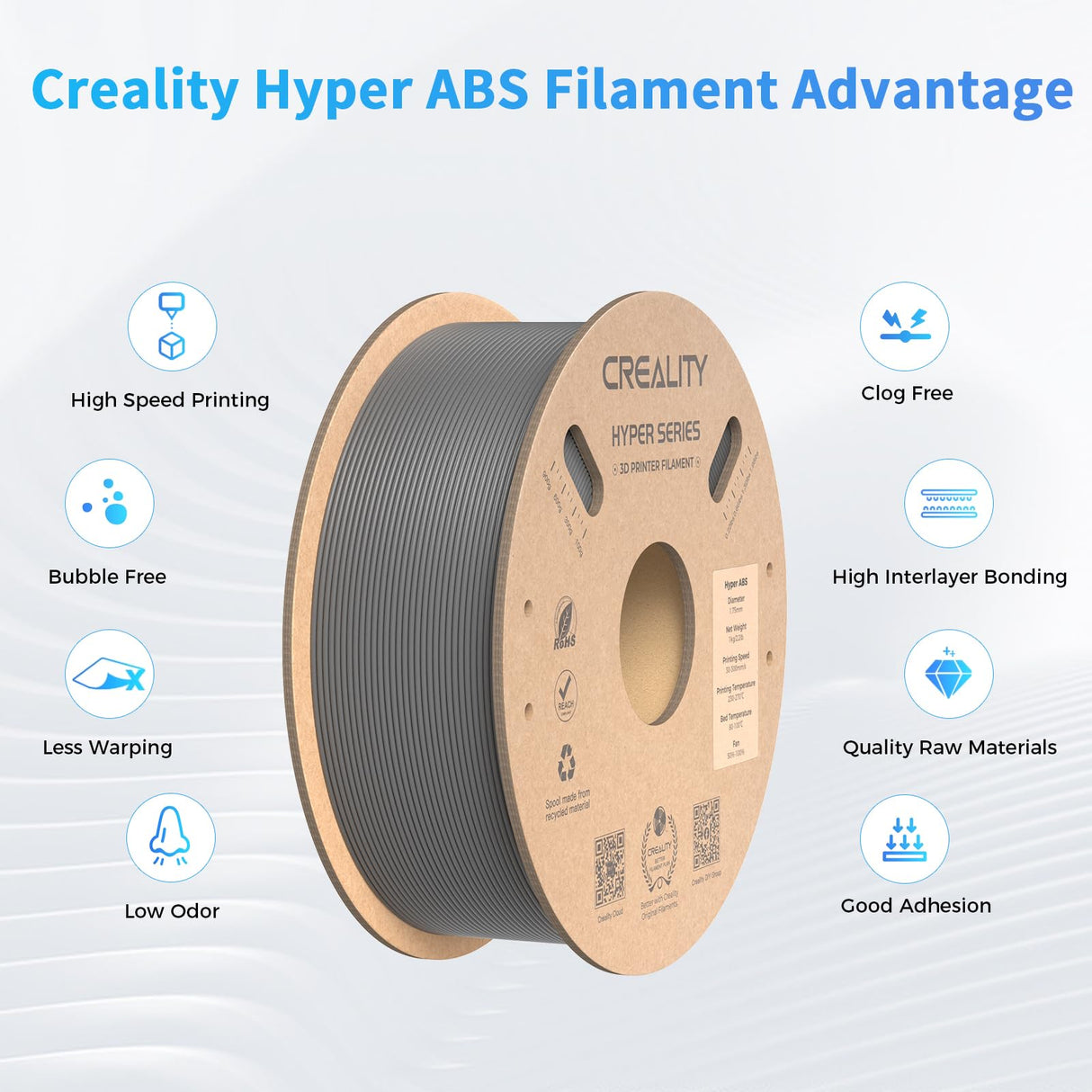 Creality Hyper ABS Filament for K1/K1 Max/K1C, Official 3D Printer Filament ABS 1.75mm for High-Speed Printing Convenient Open Printing ABS Filament, 1kg(2.2lbs) Spool Fit Most 3D Printer(Gray) Creality