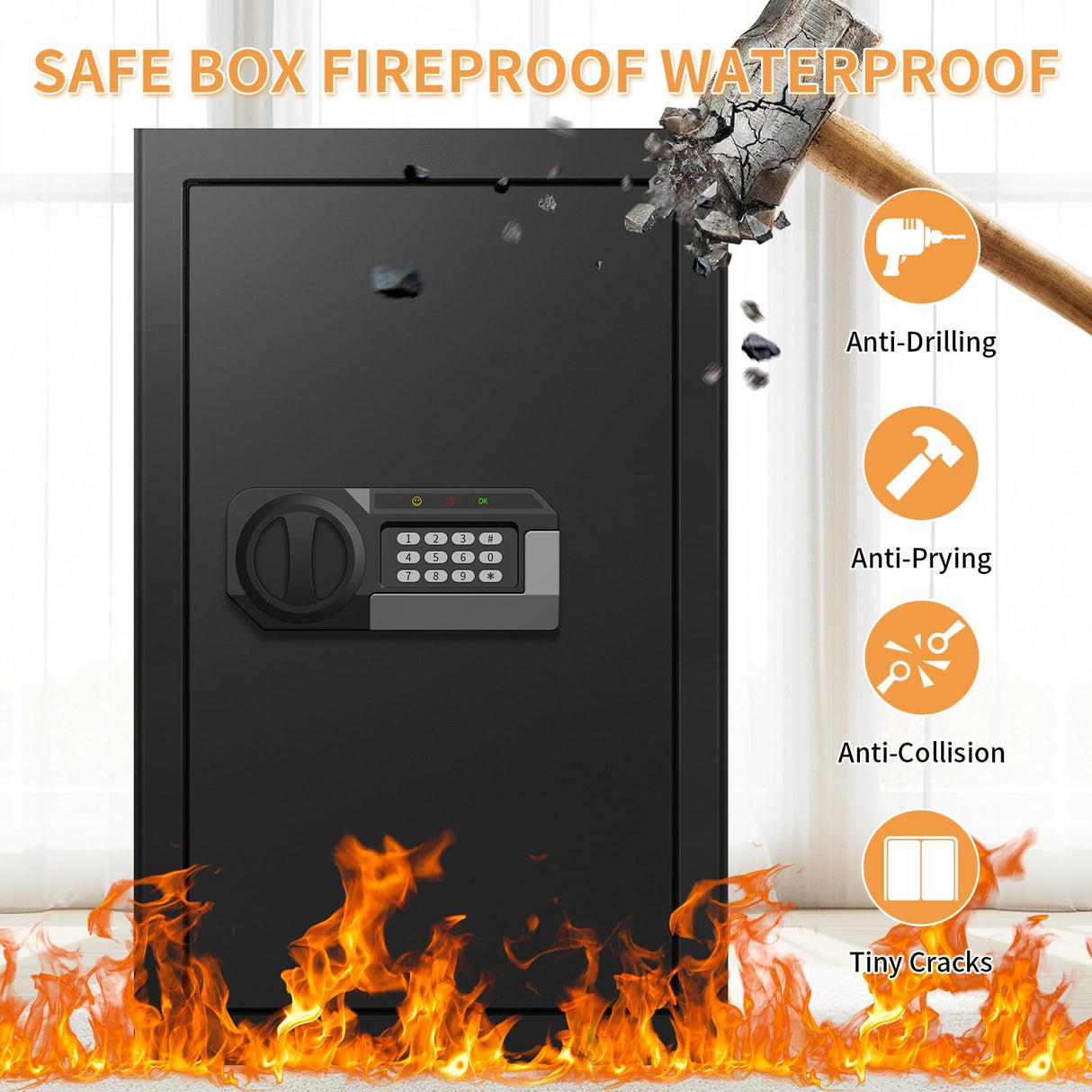 5.1 Cub Large Safes for Home Use Fire and Water Proof, Anti-theft Home Security Safe With Digital Keypad & 3 Removable Shelves and Led Light, Fireproof Safe Box for Documents Money Firearm Valuables Psisuvry