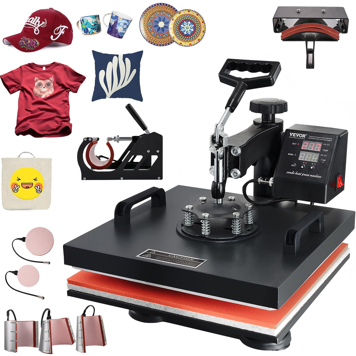 VEVOR Heat Press Machine 8 in 1 Combo Heat Press 15x15 Inch Heat Transfer Machine 360-Degree Swing Away Digital Tshirt Press Multifunction Heat Transfer Sublimation for T Shirts Mugs Hats Plates Caps VEVOR