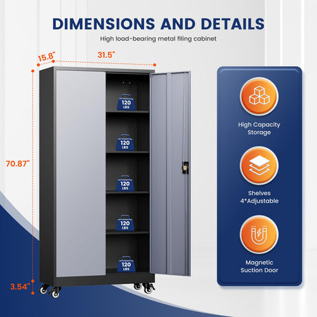 Yizosh Metal Garage Storage Cabinet with Locking Doors and Adjustable Shelves,- 75" Rolling Steel Tool Cabinet for Home Office,Garage,Warehouse Yizosh