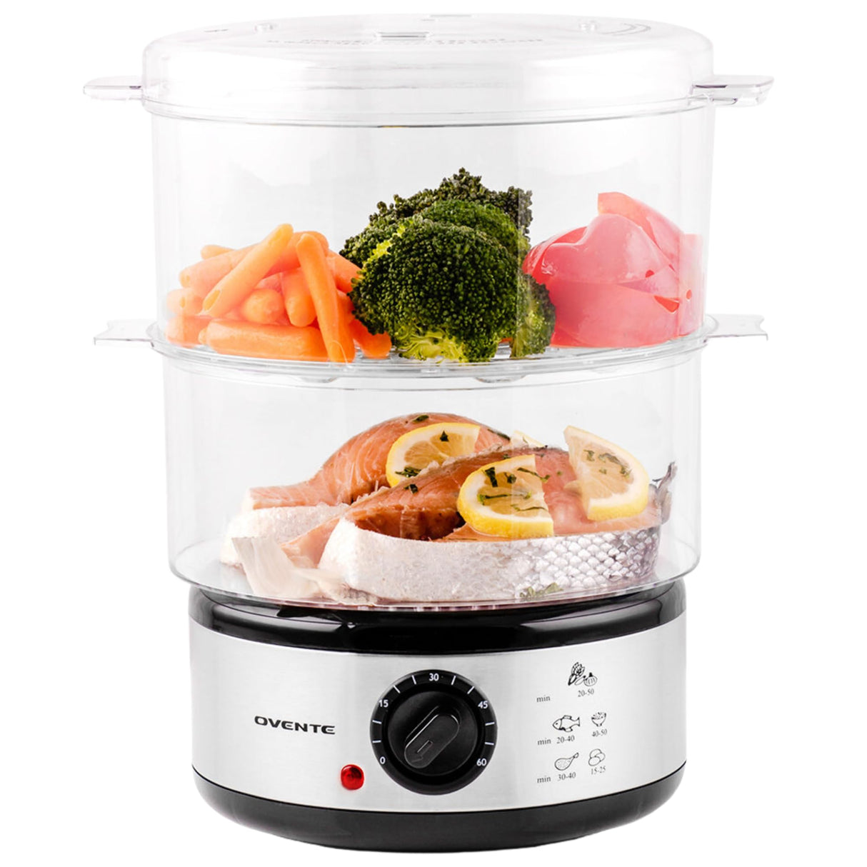 OVENTE 2 Tier Electric Food Steamer for Cooking Vegetables, Stainless Steel Base, Stackable and Dishwasher Safe Baskets, 400W with Auto Shutoff and 60-Minute Timer, 5 Quart Capacity, Silver FS62S OVENTE