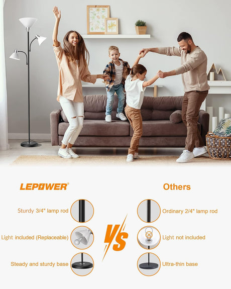 LEPOWER Floor Lamp, Standing Lamp with Replaceable 3000K Energy-Saving, Lamp for Living Room with Adjustable Reading Lights, Modern Bright Floor Lamp for Bedroom, Living Room, Office LEPOWER