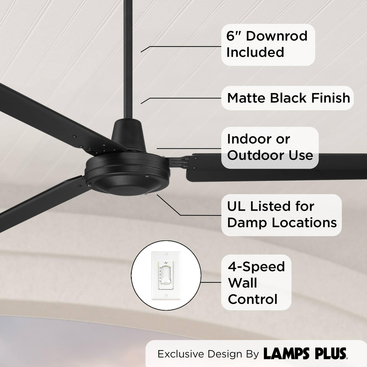 Casa Vieja 72" Casa Velocity Large Modern Industrial Indoor Outdoor Ceiling Fan 3 Blade Wall Control Matte Black Finish Metal Blades Bedroom Living Room Kitchen Garage Dining Damp Rated Downrod Casa Vieja