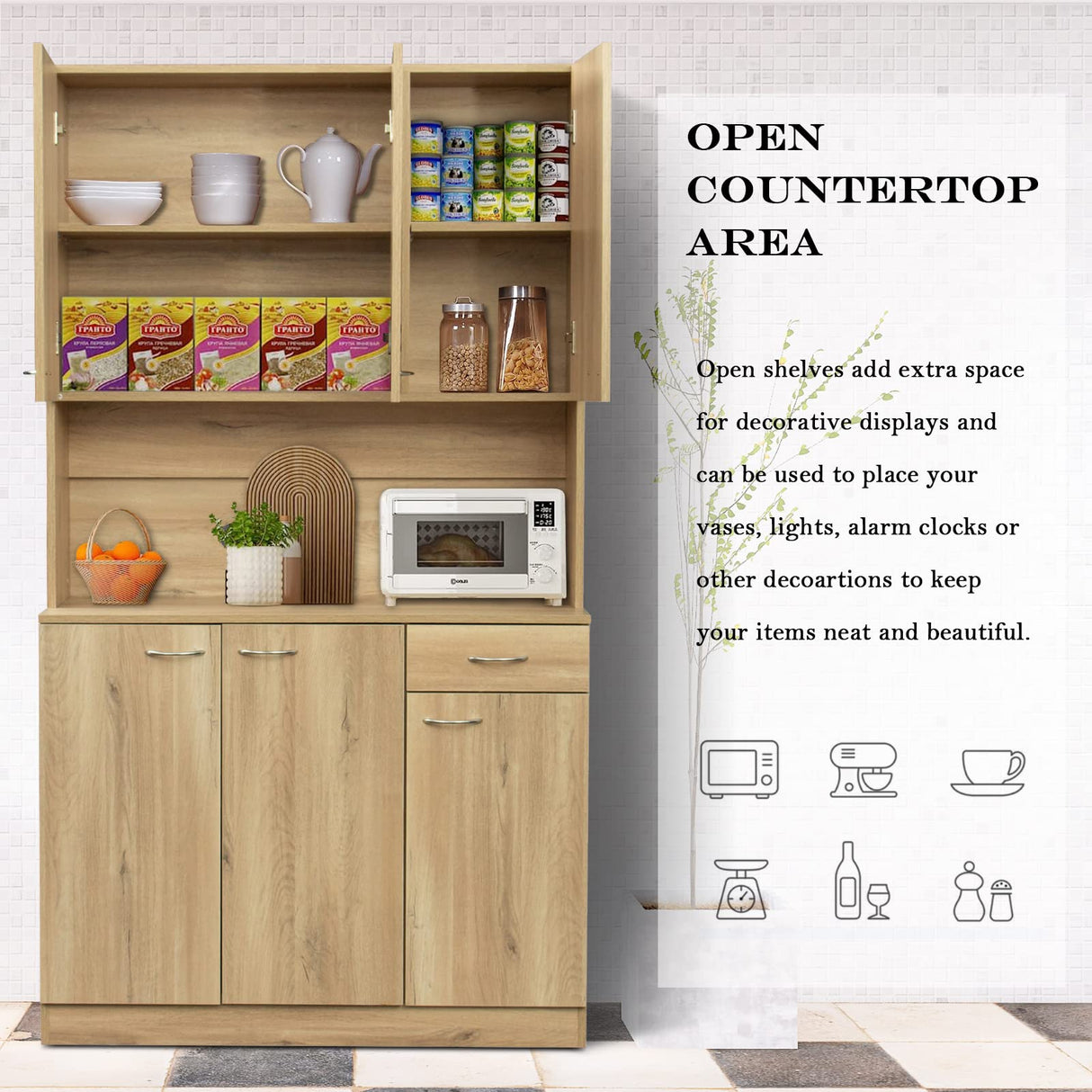 SoarFlash 71” Kitchen Pantry Buffet Freestanding Hutch Storage Cabinet Wood Sideboard Cupboard with 6 Doors,1 Drawer for Home, Dining Room,Brown SoarFlash