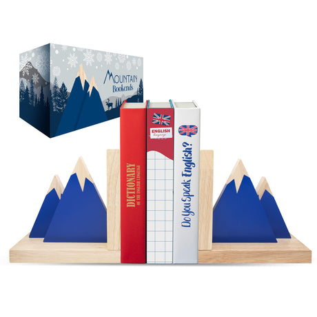 Decorably Blue Mountain Book Ends for Kids - 1 Set Non-Skid Wooden Bookends for Shelves, Book Ends for Boys Decorably