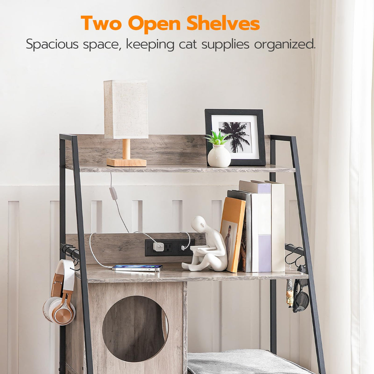 HOOBRO Litter Box Enclosure with 2 Storage Shelves, Tall Cat Litter Box Furniture Hidden with Charging Station, Indoor Cat Furniture with Cat House and Plush Mat, Greige BG70UMW01 HOOBRO