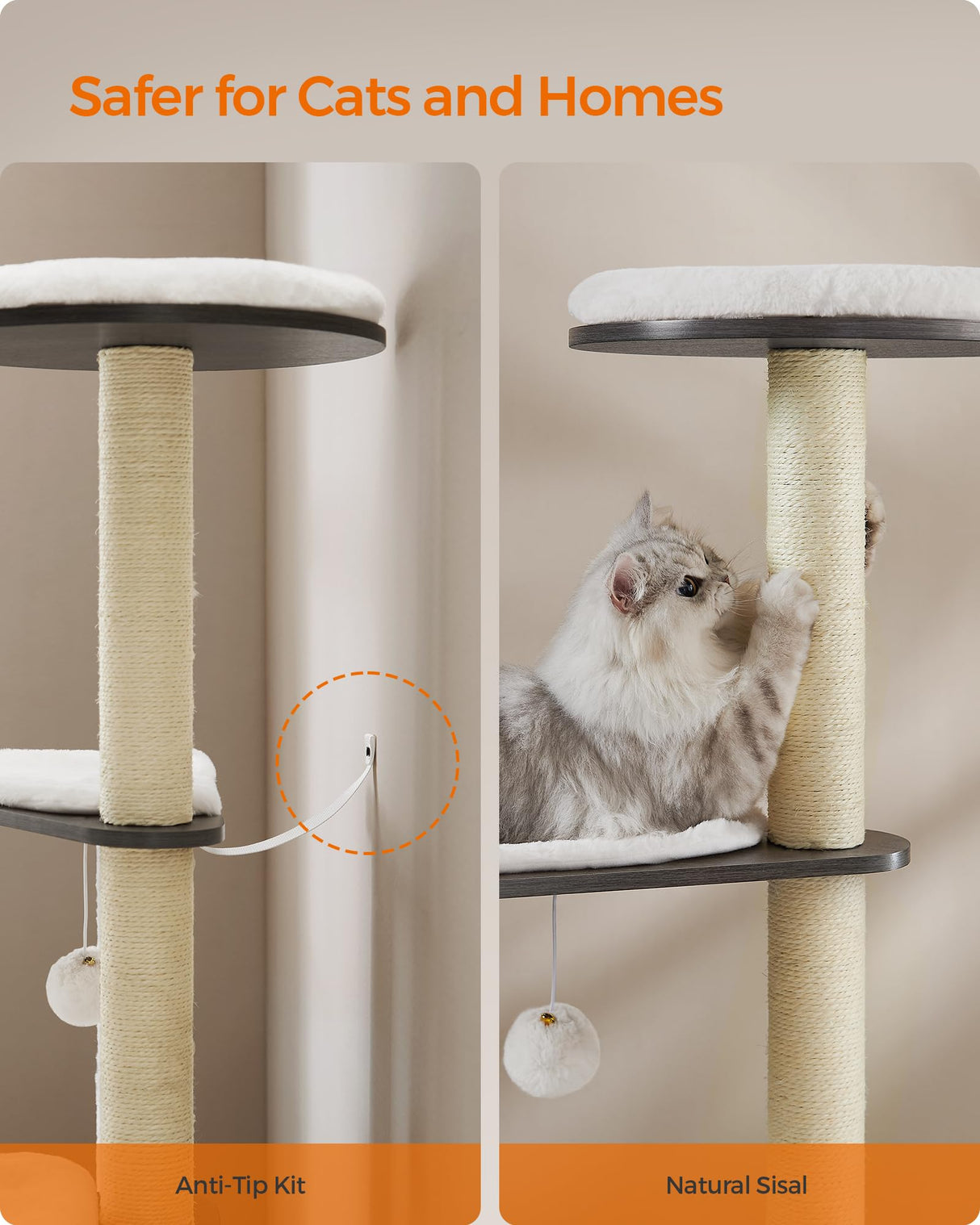 Feandrea WoodyWonders Cat Tree, 65-Inch Modern Cat Tower for Indoor Cats, Multi-Level Cat Condo with 5 Scratching Posts, Perch, Washable Removable Cushions, Cat Furniture, Misty Gray UPCT166G03 Feandrea