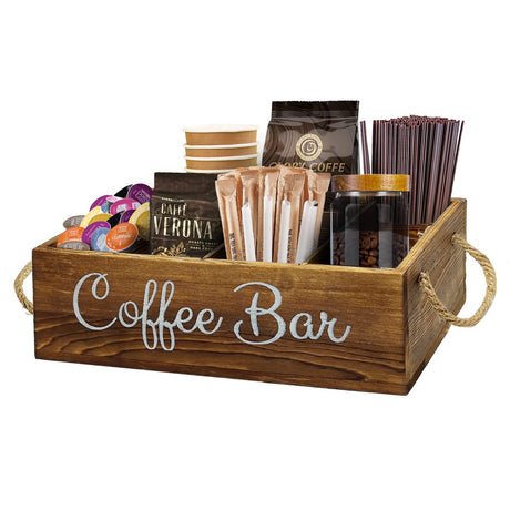 QUALLON Coffee Station Organizer with Small Removable Dividers, Wooden Coffee Bar Accessories Storage For Countertop, Farmhouse Kcup Coffee Pod Holder Basket With Handle For Coffee Lover QUALLON