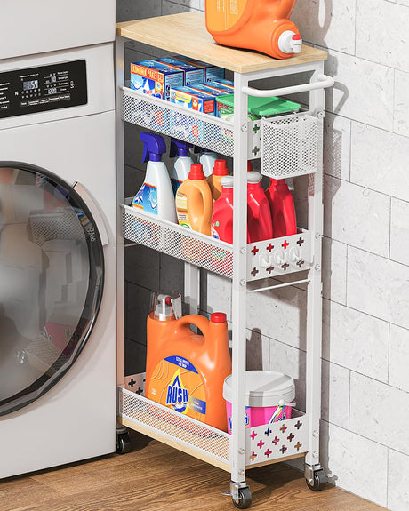 Slim Storage Cart 4 Tier Laundry Cart with Wheels, Narrow Metal Kitchen Rolling Carts Bathroom Organizers Storage Shelf with Wood Rack and Handle for Small Space XYZLVSI