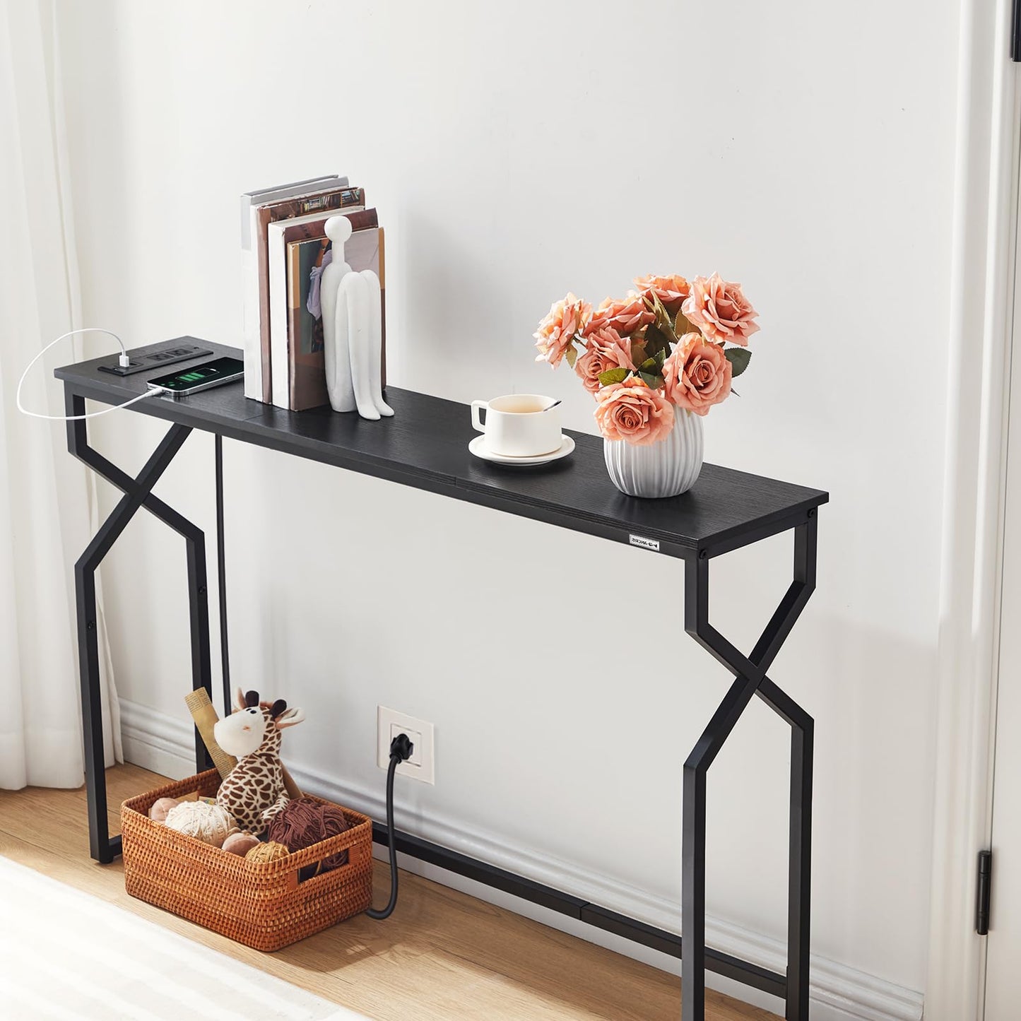 MAHANCRIS Console Sofa Table, 44.9" Entryway Table with Power Station, Narrow Couch Table, Hallway Table, Sofa Table with USB Ports, Metal Frame, for Entrance, Living Room, Black CTHB113E01