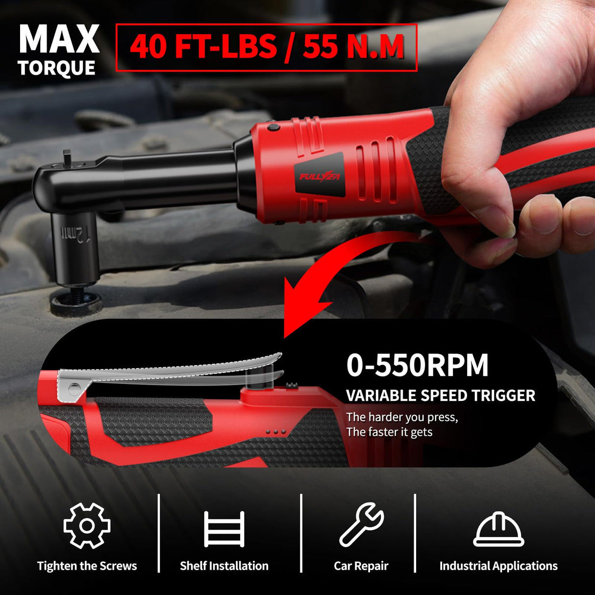 FULLYEA Electric Ratchet Wrench Set, 550 RPM Cordless Ratchet Wrench, 3/8" 18V Power Ratchet Tools with Variable Speed, LED Light, 7 Sockets, 2 Packs 2.0Ah Lithium-Ion Battery and Fast Charger FULLYEA