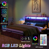 AMERLIFE Rustic Brown LED Platform Bed Frame with Storage Drawers & Charging Station Headboard AMERLIFE