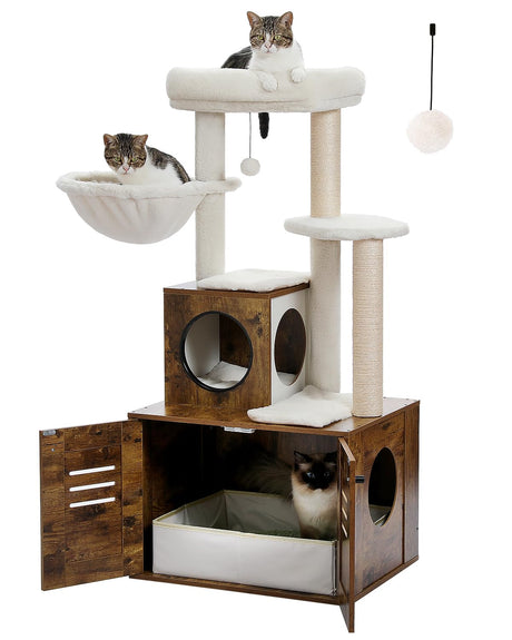 MUTTROS Cat Tree with Litter Box Enclosure, 50" Modern Cat Tree for Large/Fat Cats with Cat Condo, Wooden Cat Furniture with Large Hammock and Top Perch, Rustic Brown MUTTROS