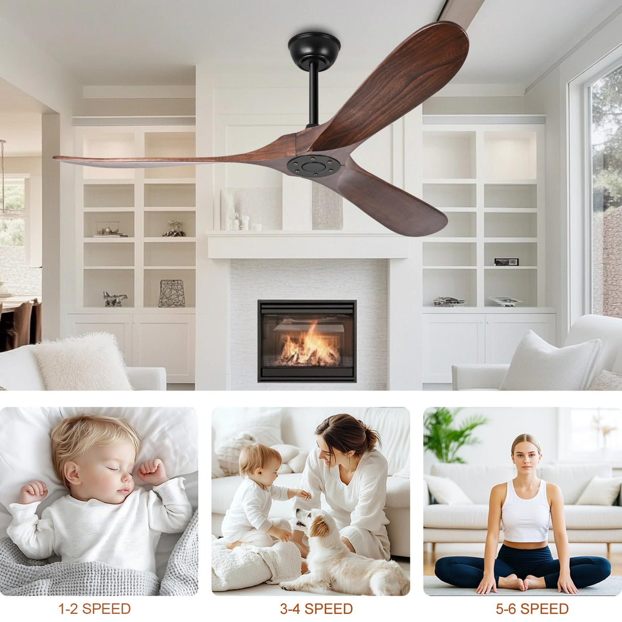 heimo 72 Inch Outdoor Ceiling Fans Without Lights，Wood Ceiling Fan No Light for Patios Living Room Bedroom Large Indoor Exterior Modern Farmhouse Propeller 3 Blade Wooden Fan with Remote (Walnut) heimo