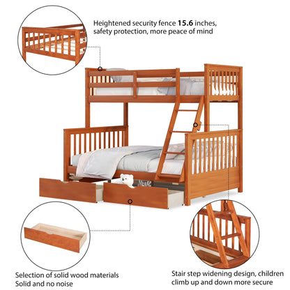 Merax Walnut Convertible Wood Bunk Bed Frame with Ladders and Storage Drawers - Twin Over Full Size - WoodArtSupply