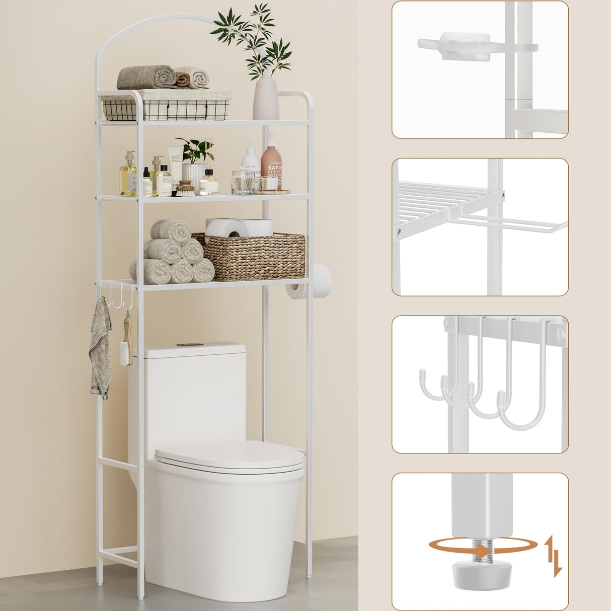 Selenvia 3-Tier Over The Toilet Storage, Metal Bathroom Shelves with 4 Hooks and Toilet Paper Holder, White Selenvia