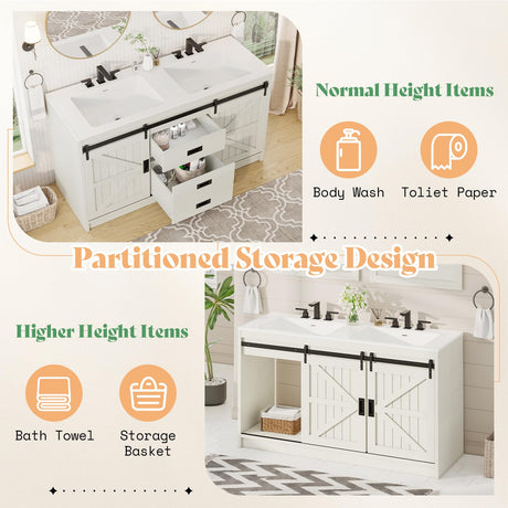 AMERLIFE 61" Farmhouse Double Bathroom Vanity with Sink Combo, Dual Basin Bathroom Storage Cabinet with Sliding Barn Doors & Drawers, Large Double Bath Vanity Sink Set, Rustic White AMERLIFE