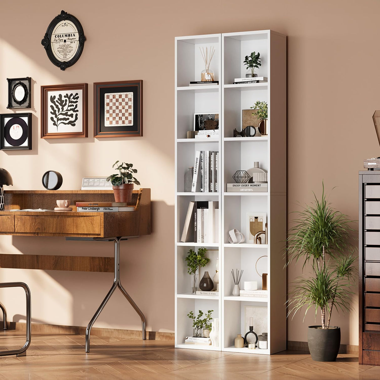 oneinmil 71.5" Tall Narrow Bookshelf, 6-Tier Cube Display Rack, Modern Corner Bookshelf with Storage Space, CD Storage Cabinet for Home Office (White 1 Pack, 6-Tier) oneinmil