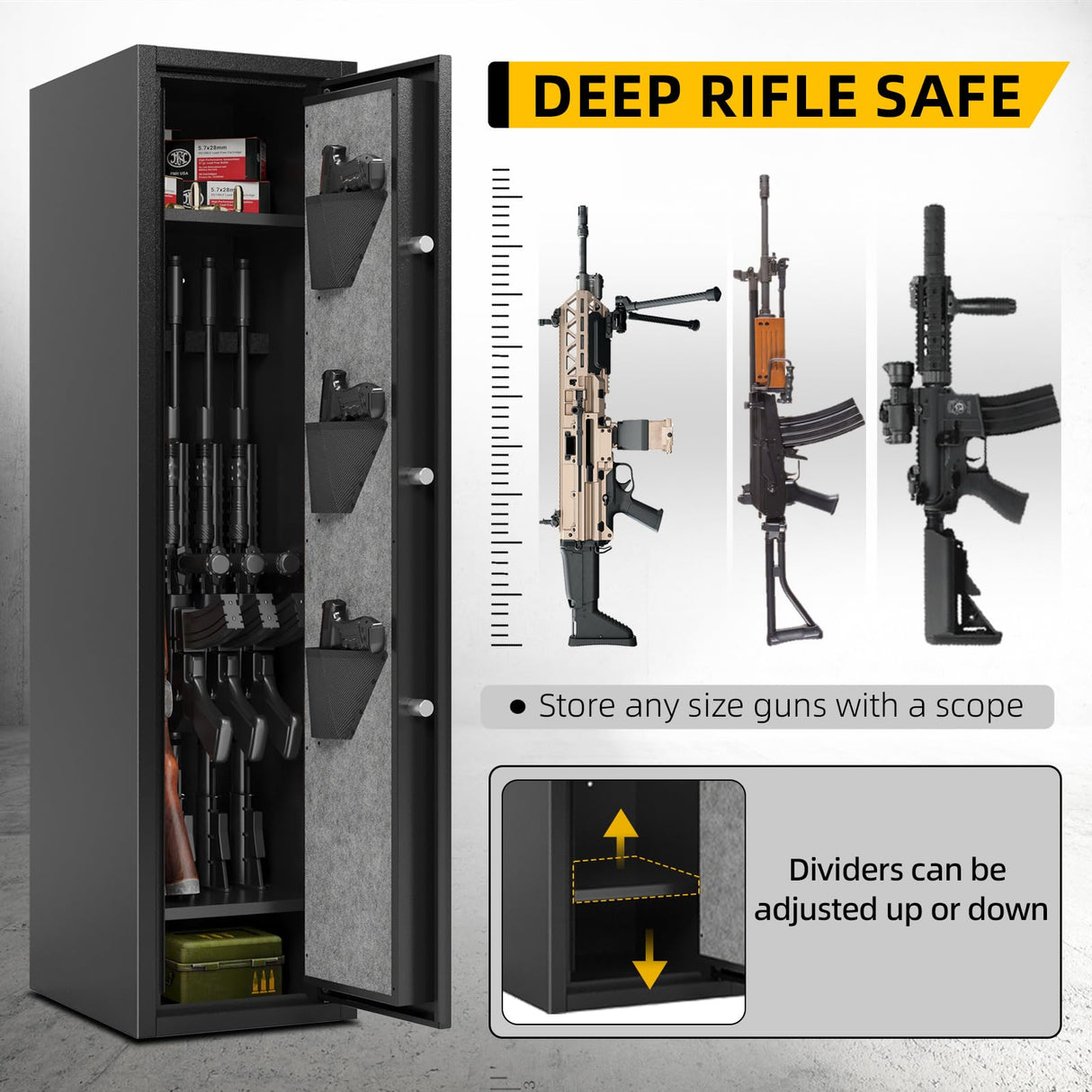 Xyvaly Deep Rifle Gun Safe for 2-4 Guns, Fits Rifles Safe with Scopes, Gun Safe for Rifles and Pistols, Gun Cabinet with 3 Pistol Pouches,Tall Steel Guns Safes with Quick Open Display Keypad Xyvaly