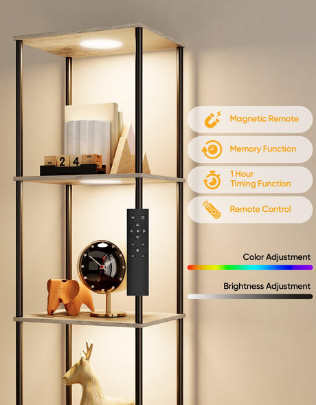 Display Shelf with RGBW Light, Color Changing Curio Cabinet Floor Lamp with Shelves Corner Standing Column Lamp Etagere Organizer Tower Nightstand Bookcase for Living Room Bedroom Office Décor, Gray PARTPHONER