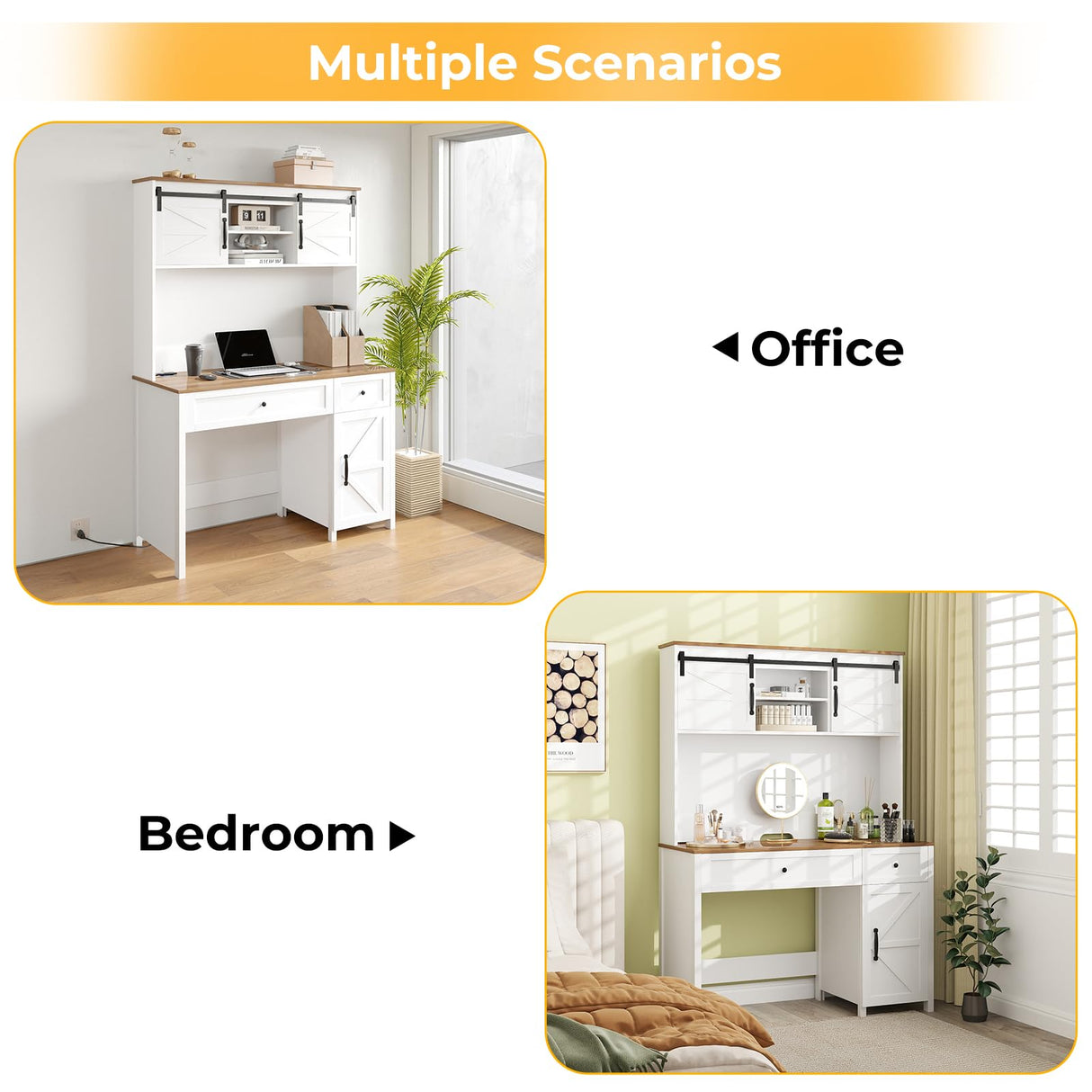 Zevemomo 47" Executive Desk, Computer Desk with Hutch, Farmhouse Desk with 3 Storage Cabinets, 2 Drawers & Built-in Charging Station, Writing Table for Office, Bedroom, Or Study Room-White Zevemomo