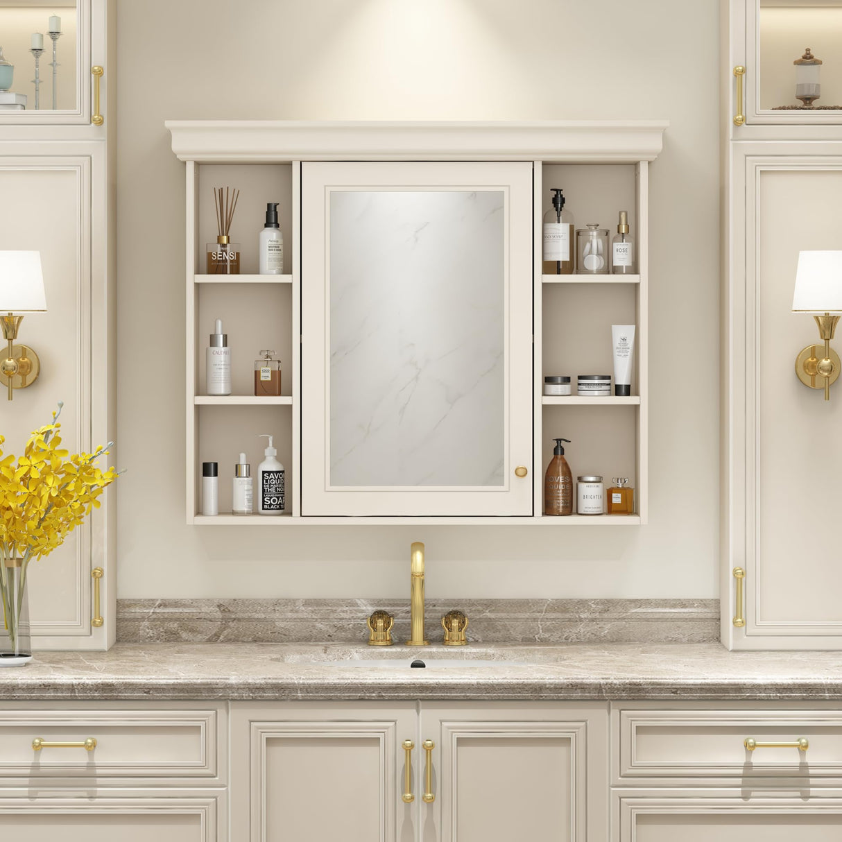 Virubi 36 Inch Wall Mounted Medicine Cabinet, Bathroom Storage Cabinet with Mirror Door and 6 Adjustable Open Shelf, Mirror Cabinet for Bathroom Virubi