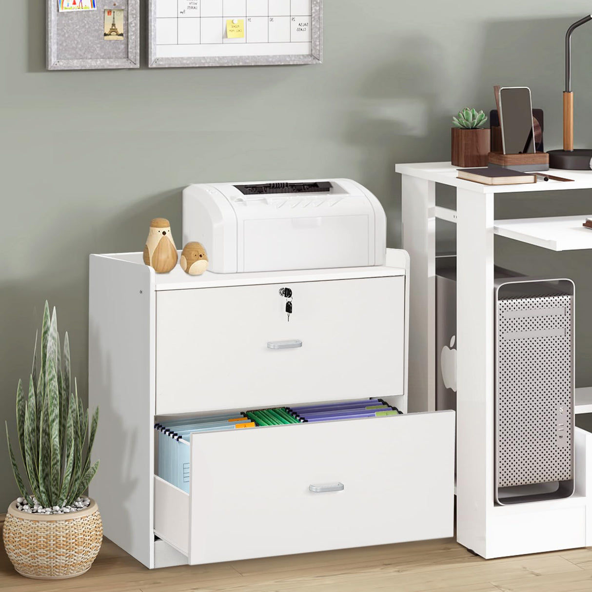YORKING Wood Lateral File Cabinet with Lock, Storage Filing Cabinet with Full Extension Lockable Drawer Fits A4/Letter/Legal Size File Cabinets for Home Office Organizer, White, 2 Drawers YORKING