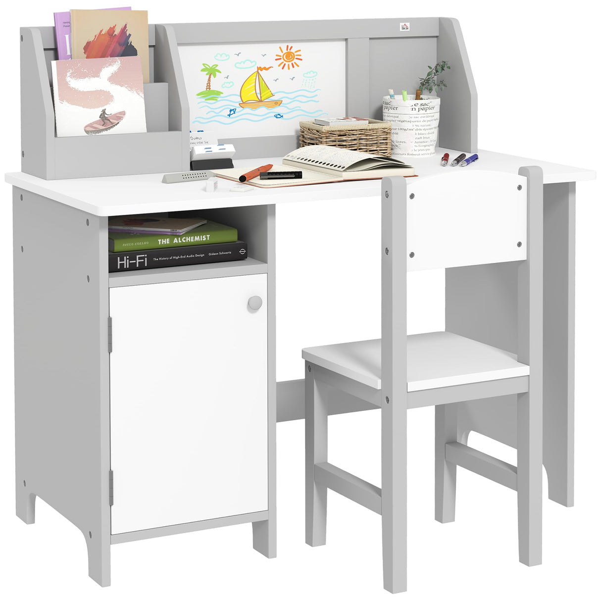 Qaba Toddler Desk and Chair Set, Kids Writing Desk Study Table for Children with Whiteboard, Storage Cabinet, Child Furniture, Art Gifts for Kids, Gray Qaba
