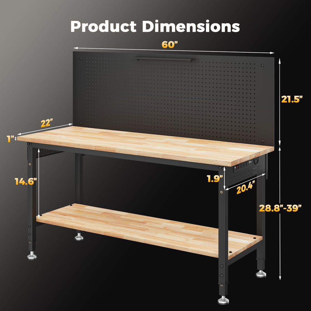 CAMMOO 60" Work Bench Adjustable Height with Storage Shelf, Max Load 2000 LBS Heavy Duty Rubberwood Tabletop with Pegboard, LED Light, Built-in Power Strip for Woodworking Shop, Garage, Home CAMMOO