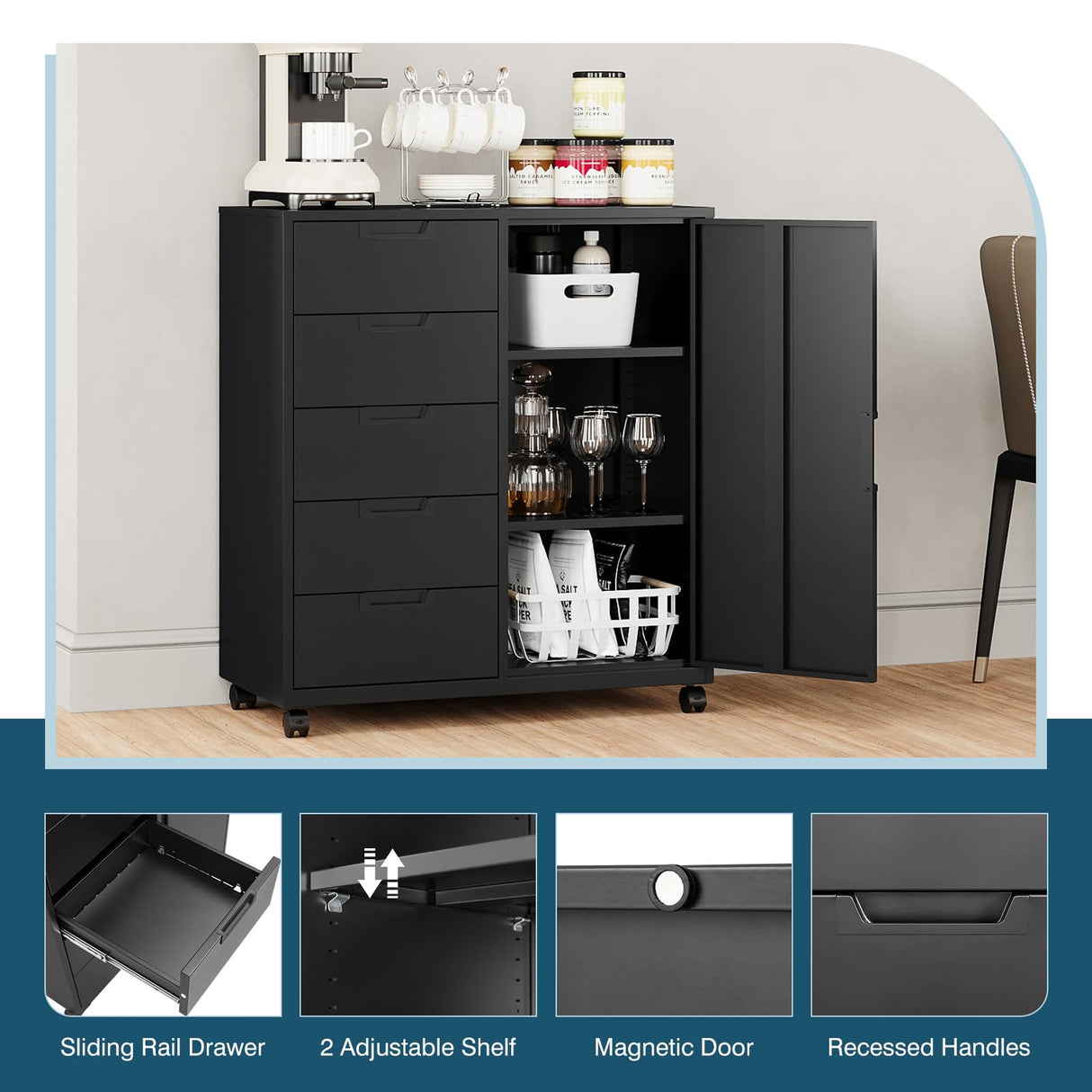 MIIIKO 5 Drawer Storage Cabinet with Door and Shelf, Mobile Lateral Cabinet on Wheels, Home Office Small Cabinet Organizer Printer Stand, Black File Cabinets MIIIKO