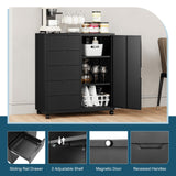 MIIIKO 5 Drawer Storage Cabinet with Door and Shelf, Mobile Lateral Cabinet on Wheels, Home Office Small Cabinet Organizer Printer Stand, Black File Cabinets MIIIKO