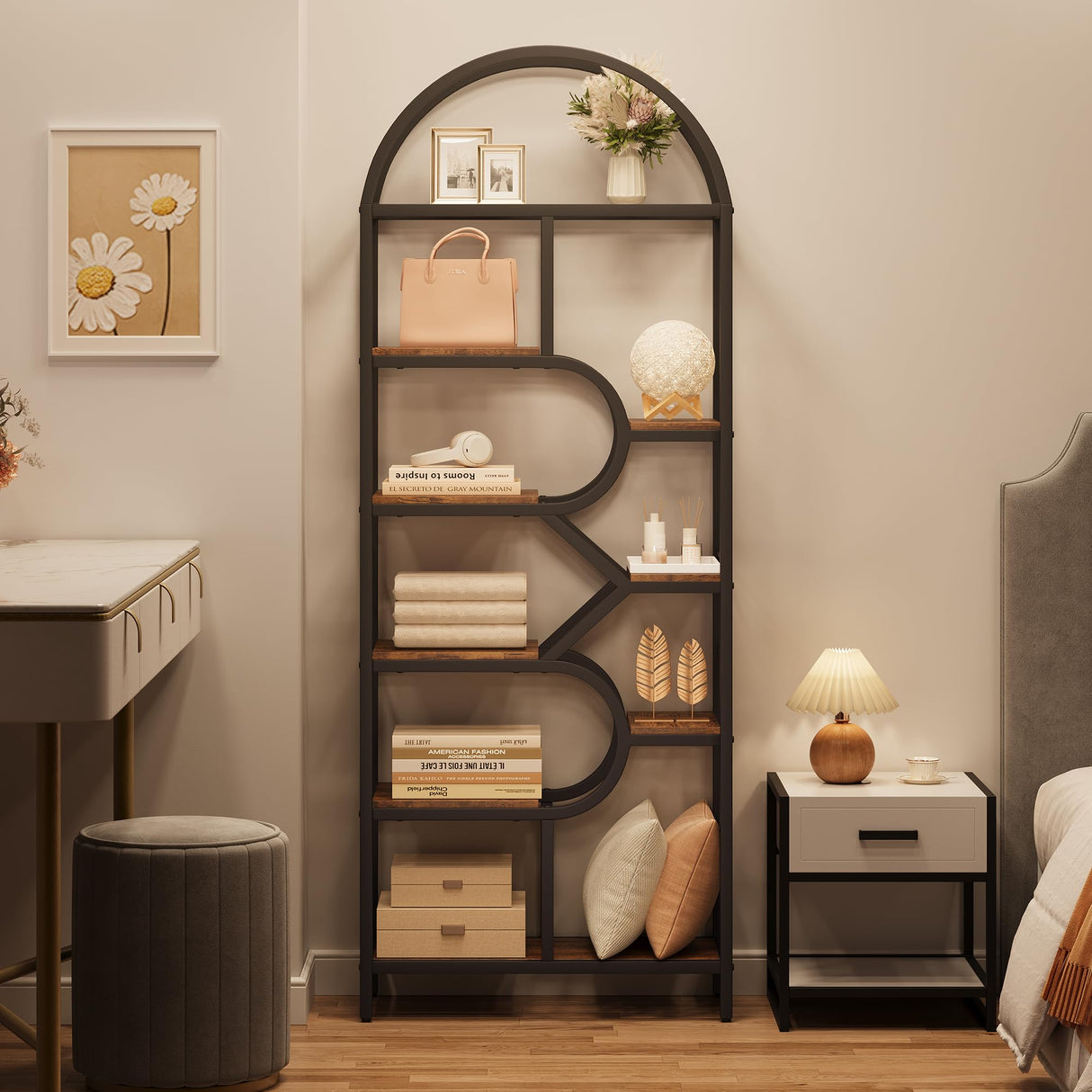 SLEKVERSA 6-Tier Arched Bookshelf, 82" Tall Modern Bookcase with Geometric Metal Frame, Gold and White Open Storage Shelf for Living Room, Home Office, Large Display Rack SLEKVERSA