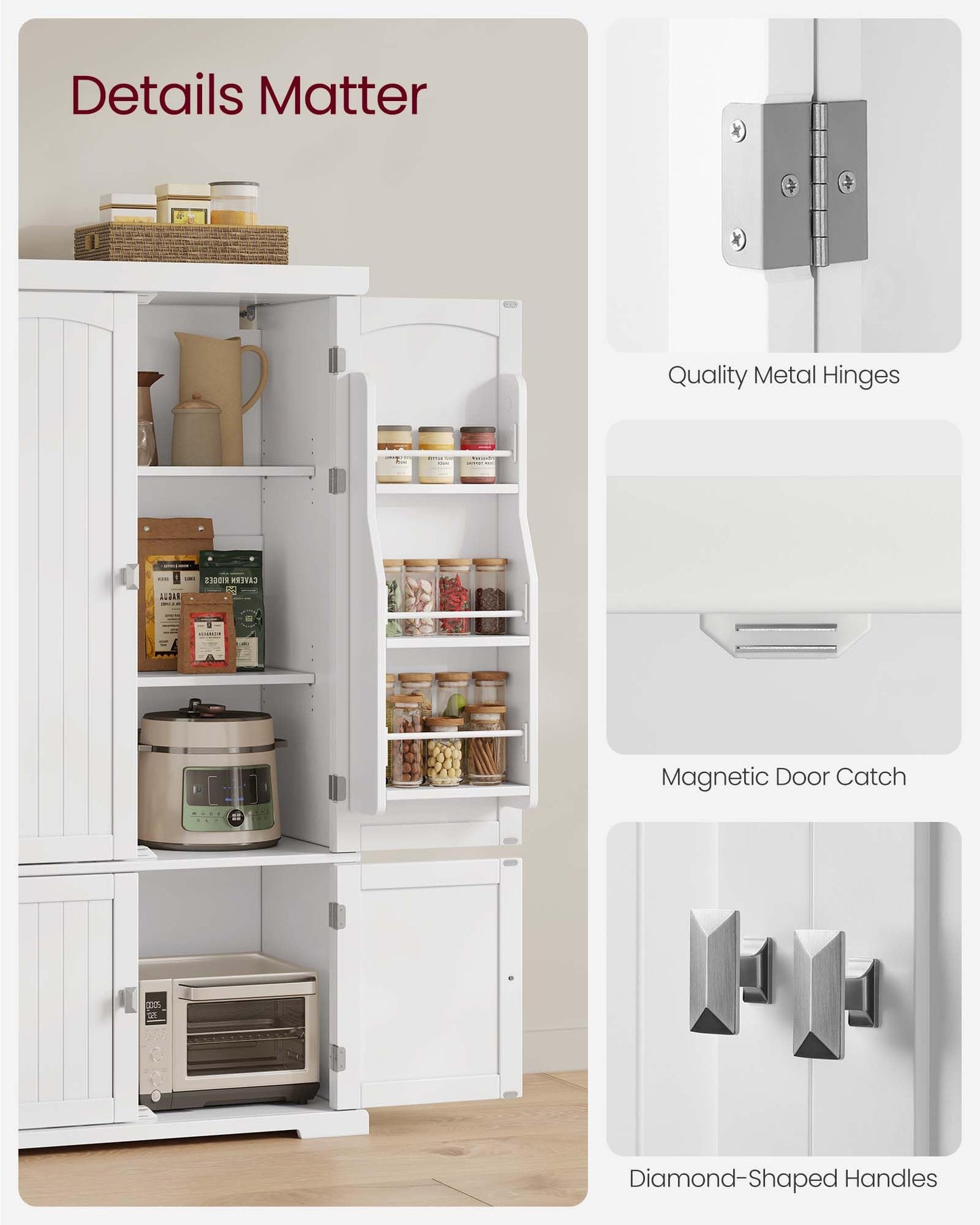 VASAGLE 53.5" Pantry Cabinet, Freestanding Kitchen Pantry Cabinet, Storage Cabinet with Doors, 6 Door Shelves, 2 Adjustable Shelves, for Living Room,
