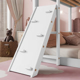 Twin Over Twin Floor Bunk Bed, Wooden Twin Loft Bed Frame with Climbing Ramp and Ladder, Heavy Duty Low Bunk Bed with Guardrail, Modern Twin Floor Bed for Teens and Adults, Space Saving, White Ziraukon