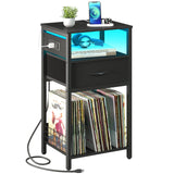 Yoobure Side Table - Night Stand with Charger Station & LED Light, 3 Tier Small End Table Living Room, Bedside Table with Drawer, Record Player Stand with Vinyl Storage, Black Nightstand for Bedroom Yoobure