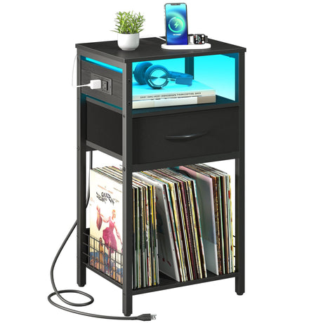 Yoobure Side Table - Night Stand with Charger Station & LED Light, 3 Tier Small End Table Living Room, Bedside Table with Drawer, Record Player Stand with Vinyl Storage, Black Nightstand for Bedroom Yoobure