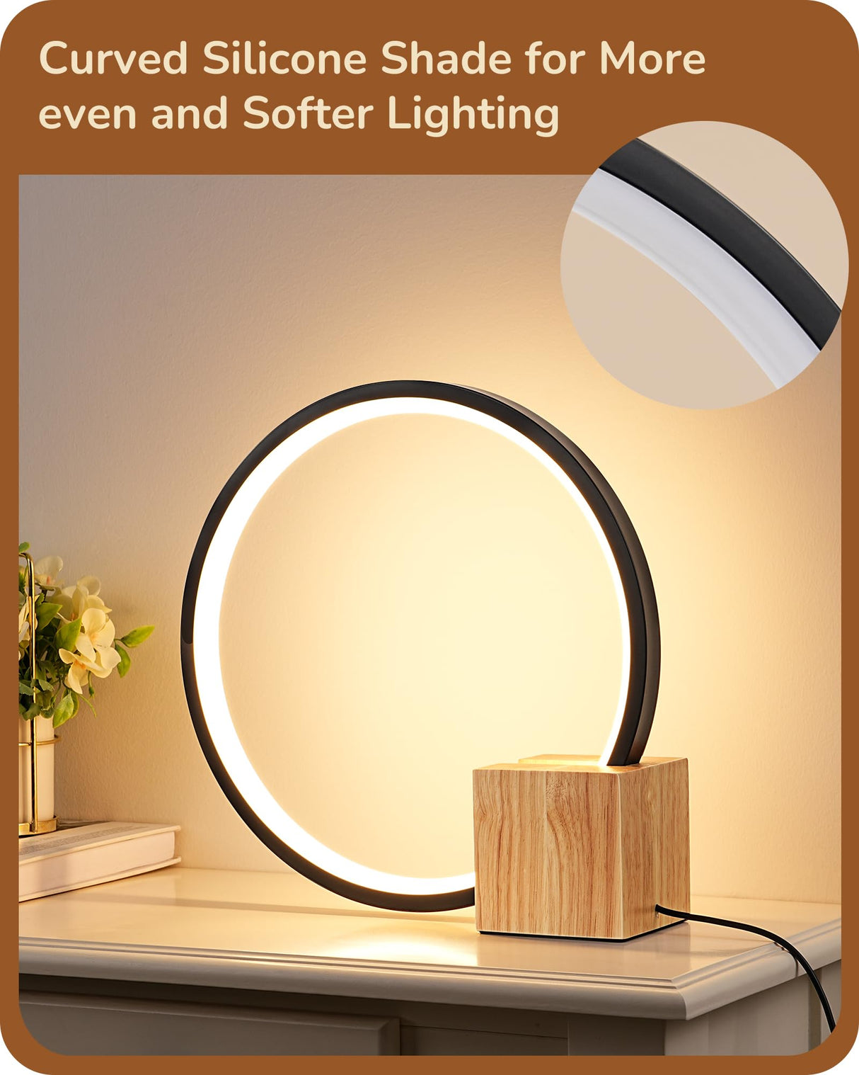 EDISHINE Modern LED Table Lamp, Bedside Lamp with One-Piece Solid Wood Base, 3 Color Temperature & Stepless Dimmable, Nightstand Lamp for Bedroom, Living Room, Reading Room EDISHINE