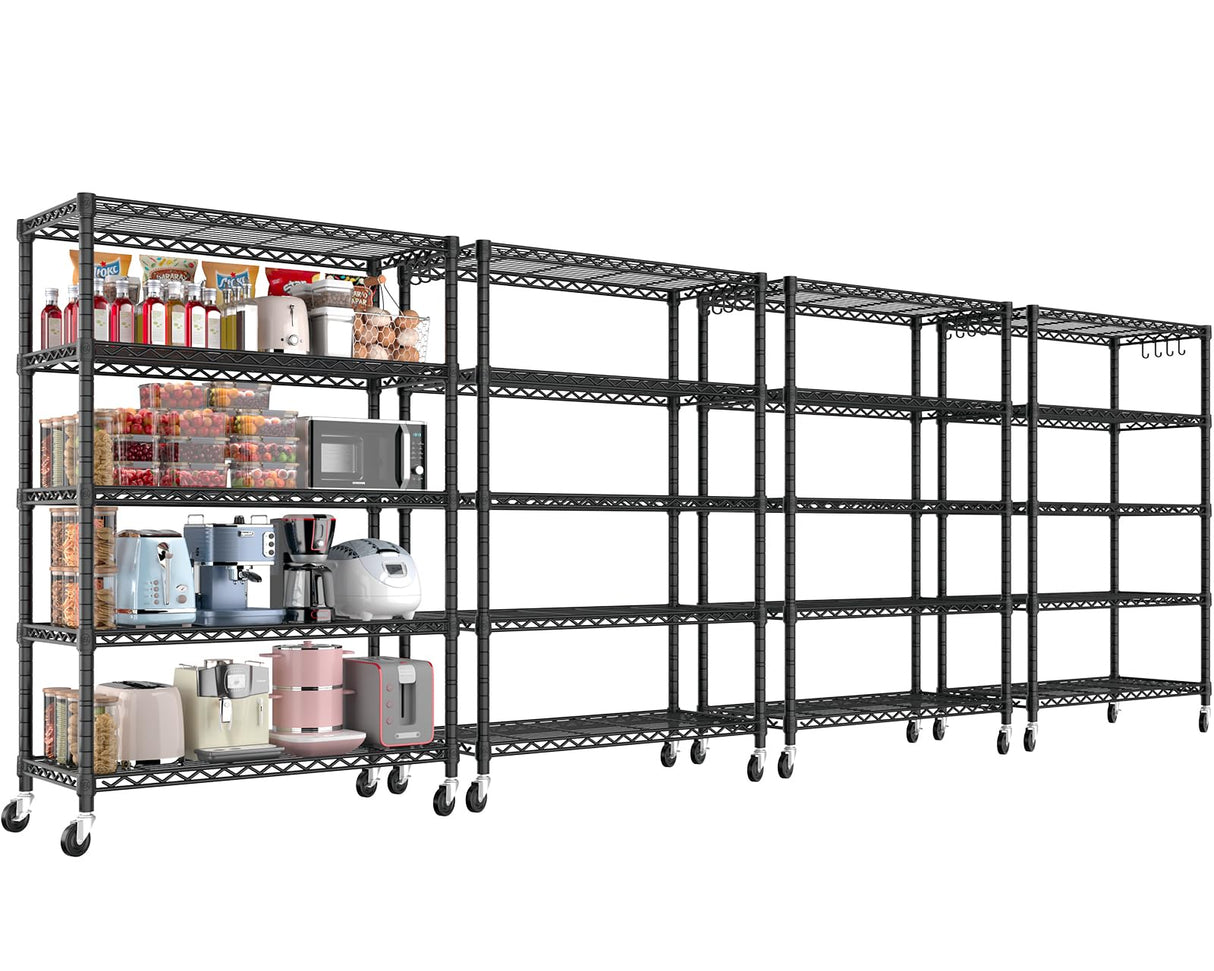 PrimeZone 74''H Wire Shelving 1250lbs 5 Tier Storage Shelves with Wheels NSF Certified Heavy Duty Steel Metal Shelf Adjustable Rolling Rack Kitchen Garage Closet Pantry Laundry 74''HX36''WX14''D 4PCS PrimeZone