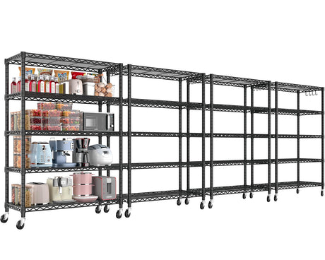 PrimeZone 74''H Wire Shelving 1250lbs 5 Tier Storage Shelves with Wheels NSF Certified Heavy Duty Steel Metal Shelf Adjustable Rolling Rack Kitchen Garage Closet Pantry Laundry 74''HX36''WX14''D 4PCS PrimeZone