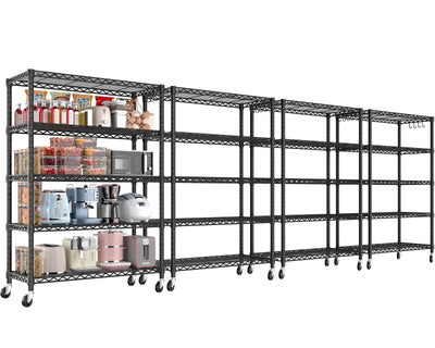 PrimeZone 74''H Wire Shelving 1250lbs 5 Tier Storage Shelves with Wheels NSF Certified Heavy Duty Steel Metal Shelf Adjustable Rolling Rack Kitchen Garage Closet Pantry Laundry 74''HX36''WX14''D 4PCS