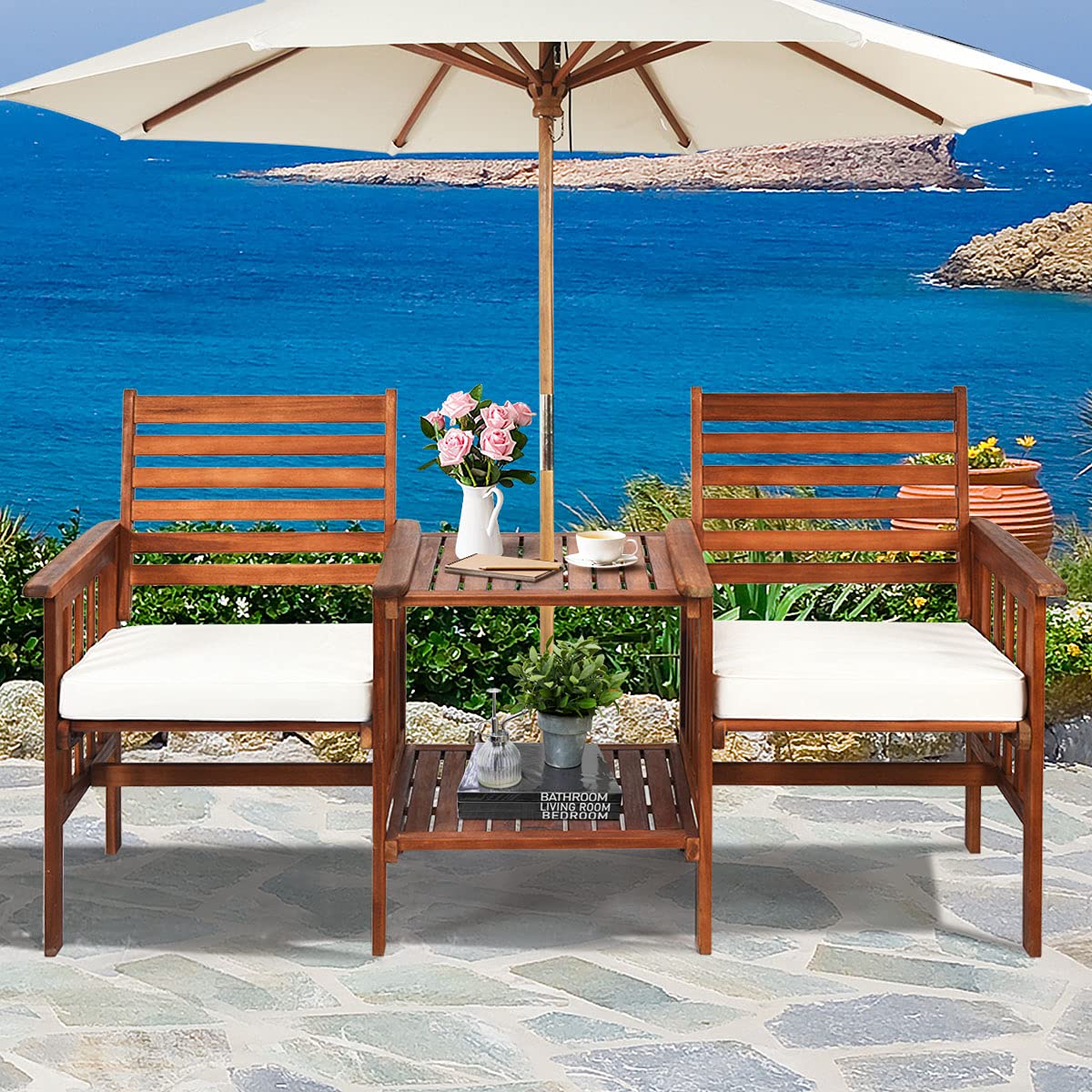 HAPPYGRILL Acacia Wood Loveseat with Table Patio Bistro Set Wooden Table Chairs Set with Cushions, Outdoor Furniture Set with 2.1-inch Umbrella Hole for Garden Balcony HAPPYGRILL